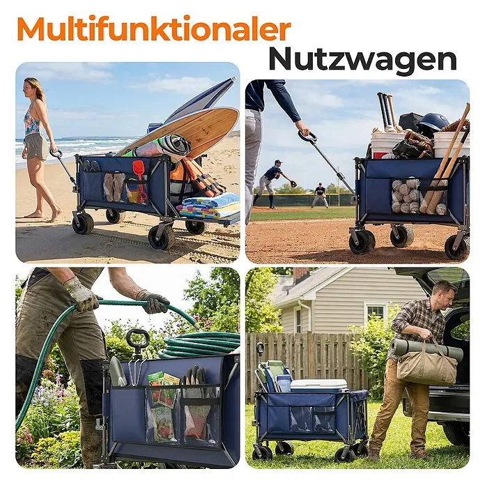 SONNENH Bollerwagen - L x B x H: 92,8 x 58 x 110 cm, Traglast: 220 kg, Stahl - Dunkelblauer faltbarer Bollerwagen, vielseitig einsetzbar für Strand, Sport, Garten und Camping, beladen in verschiedenen Outdoor-Szenen.