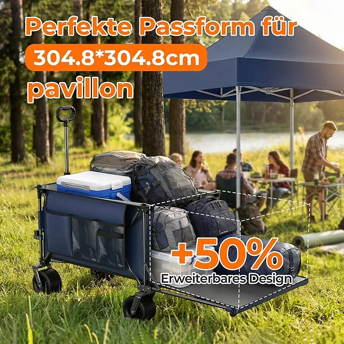 SONNENH Bollerwagen - L x B x H: 92,8 x 58 x 110 cm, Traglast: 220 kg, Stahl - Blauer Faltwagen mit erweiterbarem Design für +50% Kapazität, gefüllt mit Campingausrüstung (Rucksäcke, Kühlbox), im Außenbereich.