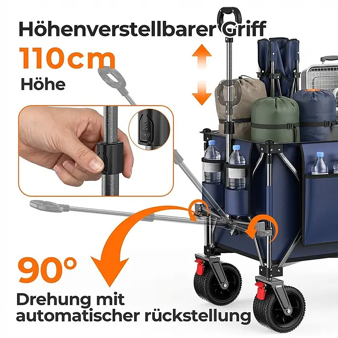 SONNENH Bollerwagen - L x B x H: 92,8 x 58 x 110 cm, Traglast: 220 kg, Stahl - Blauer Faltwagen mit höhenverstellbarem Griff und um 90° drehbarer Vorderstange mit automatischer Rückstellung.