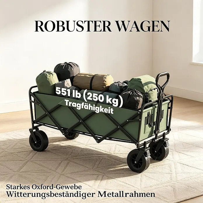 SONNENH Bollerwagen - L x B x H: 133 x 56 x 100 cm, Traglast: 250 kg, Textil - Robuster dunkelgrüner Faltwagen mit schwarzem Metallrahmen, beladen mit Campingausrüstung. Aus starkem Oxford-Gewebe, 250 kg (551 lb) Tragfähigkeit.