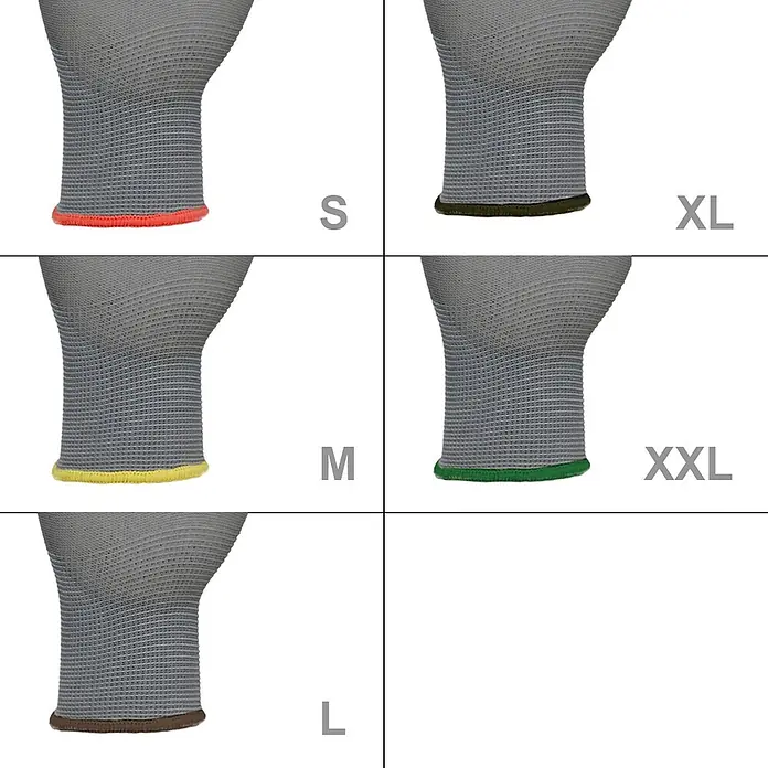 ECD Germany Arbeitshandschuhe 12er Set Mechanikerhandschuhe Größe: S atmungsaktiv & rutschfest - Grau, Polyester - Graue Strickhandschuhe mit farbigen Bündchen zur Größenkennzeichnung S, M, L, XL, XXL.