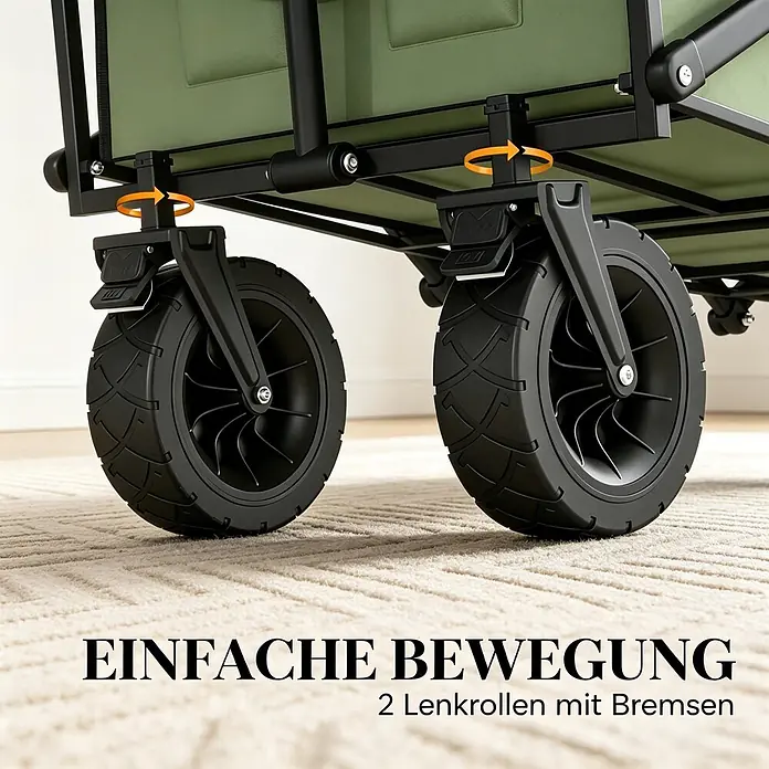 SONNENH Bollerwagen - L x B x H: 133 x 56 x 100 cm, Traglast: 250 kg, Textil - Zwei schwarze Lenkrollen mit Bremsen an einem grünen Transportwagen, einfache Bewegung auf einem Teppich zeigend.