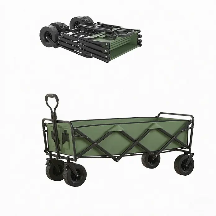SONNENH Bollerwagen - L x B x H: 133 x 56 x 100 cm, Traglast: 250 kg, Textil - Grüner faltbarer Bollerwagen, aus- und zusammengeklappt dargestellt.