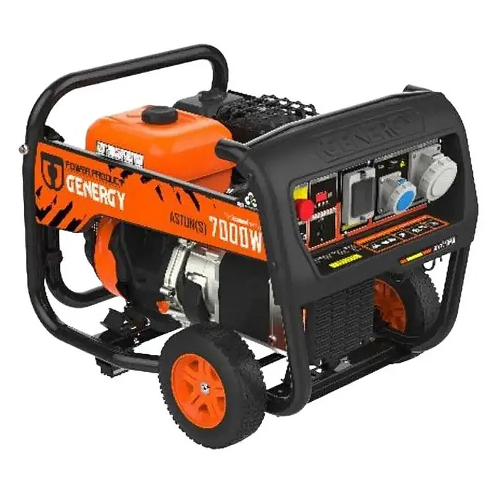 Genergy Stromerzeuger Stromerzeuger 7000W Benzin SVR Genergy Astun-S IP67 - Nennleistung: 6,5 kW, Tankvolumen: 6 l - Oranger und schwarzer tragbarer GENERGY ASTUN(S) 7000W Generator mit Rädern.