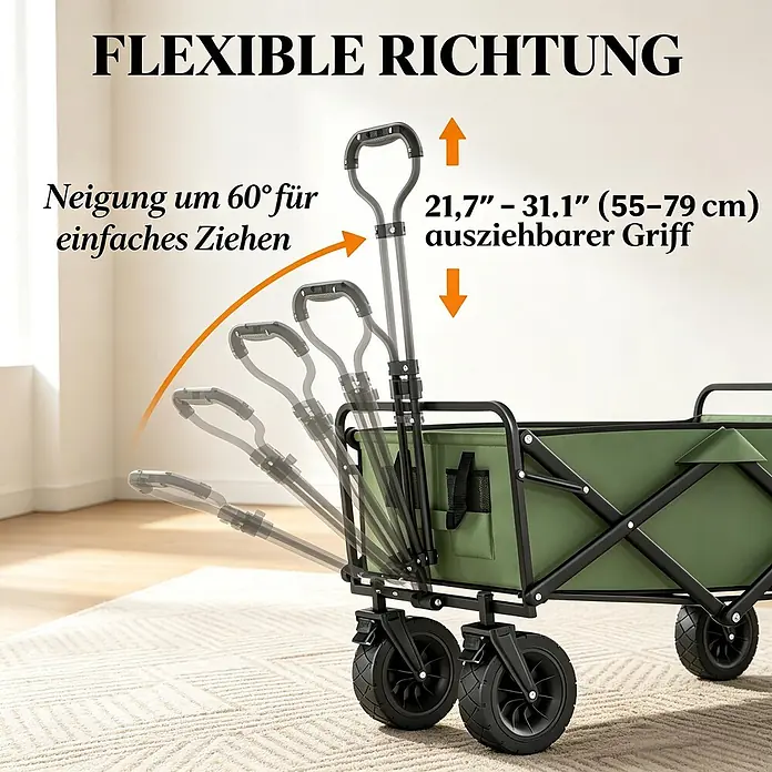 SONNENH Bollerwagen - L x B x H: 133 x 56 x 100 cm, Traglast: 250 kg, Textil - Grüner Faltwagen mit um 60° neigbarem und ausziehbarem Griff (55-79 cm) für flexibles Ziehen.