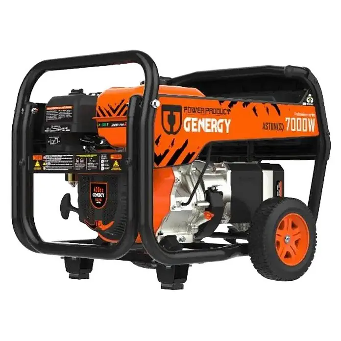 Genergy Stromerzeuger Stromerzeuger 7000W Benzin SVR Genergy Astun-S IP67 - Nennleistung: 6,5 kW, Tankvolumen: 6 l - Oranger und schwarzer tragbarer GENERGY Generator mit schwarzem Schutzrahmen und orangefarbenen Rädern.