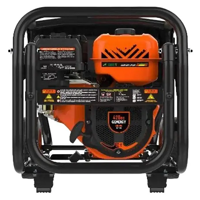 Genergy Stromerzeuger Stromerzeuger 7000W Benzin SVR Genergy Astun-S IP67 - Nennleistung: 6,5 kW, Tankvolumen: 6 l - Schwarzer und oranger tragbarer Generator mit robustem Rahmen, mit einem 420cc GEMERGY Motor und orangefarbenem Kraftstofftank.