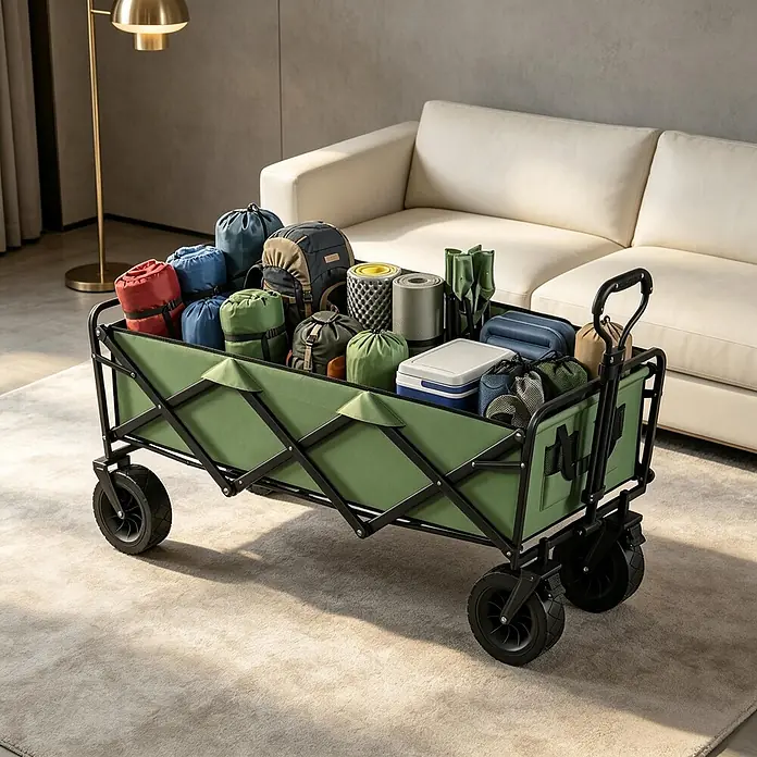 SONNENH Bollerwagen - L x B x H: 133 x 56 x 100 cm, Traglast: 250 kg, Textil - Grüner Klappwagen mit schwarzem Rahmen, gefüllt mit Campingausrüstung wie Schlafsäcken und einer Kühlbox, in einem Wohnzimmer.