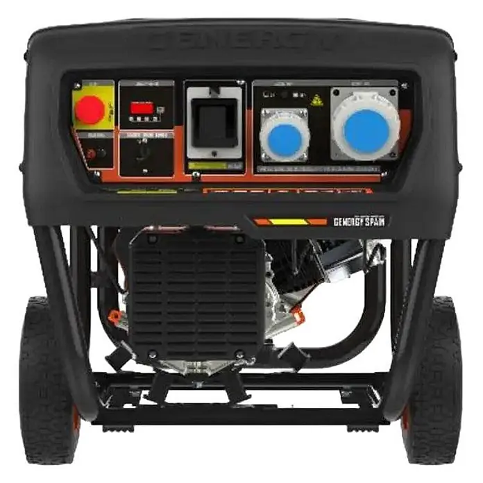 Genergy Stromerzeuger Stromerzeuger 7000W Benzin SVR Genergy Astun-S IP67 - Nennleistung: 6,5 kW, Tankvolumen: 6 l - Schwarzer und oranger tragbarer Generator mit Bedienfeld, mehreren Steckdosen und Rädern.