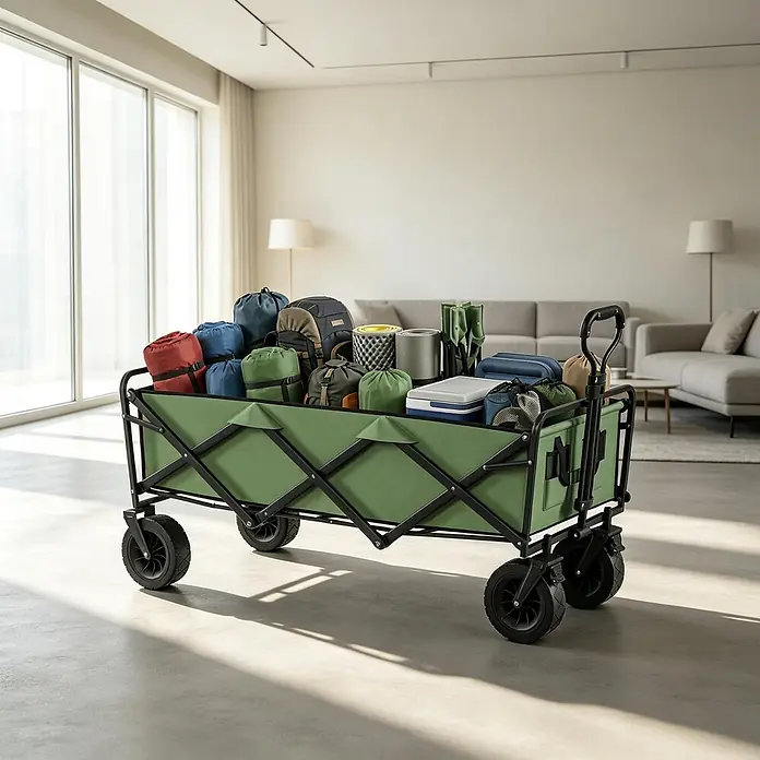 SONNENH Bollerwagen - L x B x H: 133 x 56 x 100 cm, Traglast: 250 kg, Textil - Ein grüner faltbarer Transportwagen, gefüllt mit Campingausrüstung wie Taschen, Matten und einer Kühlbox, in einem hellen Wohnzimmer.