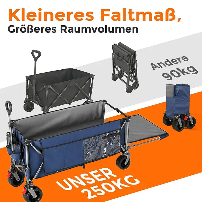 SONNENH Bollerwagen - L x B x H: 131 x 66 x 115,5 cm, Traglast: 250 kg, Stahl - Ein blauer Faltwagen mit schwarzem Inneren und Seitentaschen, offen und zusammengeklappt gezeigt, mit 250kg Traglast.