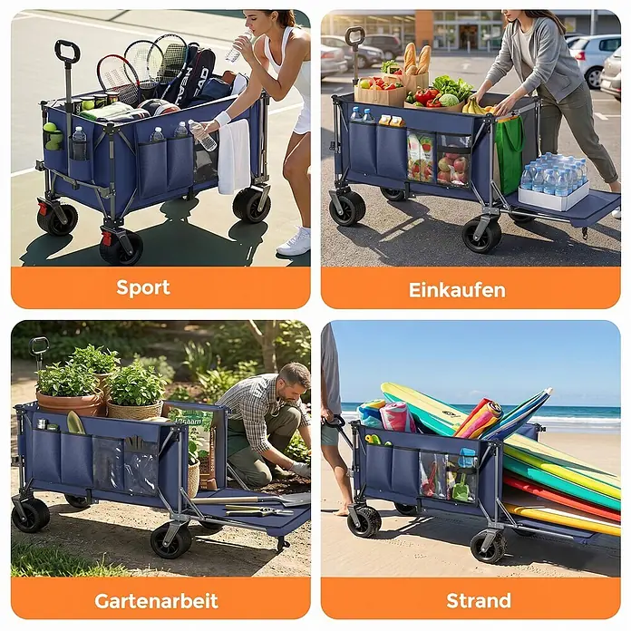 SONNENH Bollerwagen - L x B x H: 131 x 66 x 115,5 cm, Traglast: 250 kg, Stahl - Blauer Faltbollerwagen, vielseitig einsetzbar für Sport, Einkauf, Gartenarbeit und Strand.