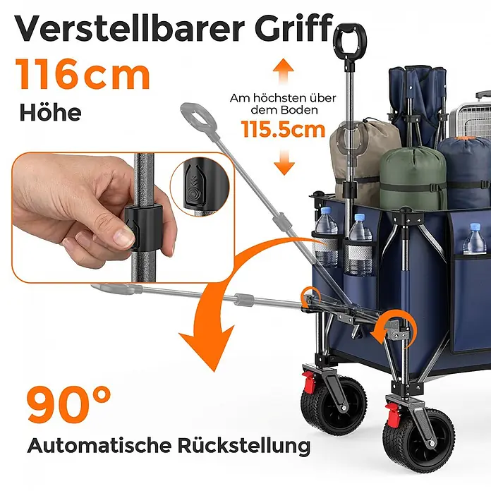 SONNENH Bollerwagen - L x B x H: 131 x 66 x 115,5 cm, Traglast: 250 kg, Stahl - Blauer Faltwagen mit verstellbarem Griff und 90° automatischer Rückstellung.