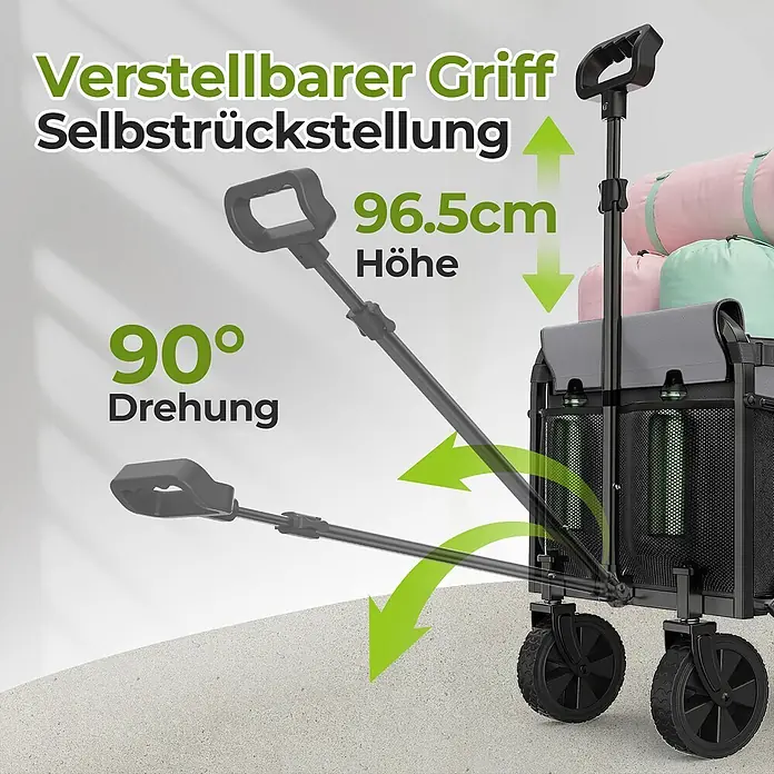SONNENH Bollerwagen - L x B x H: 74 x 46 x 96,5 cm, Traglast: 100 kg, Stahl - Schwarzer Bollerwagen mit verstellbarem Griff, der sich auf 96,5 cm Höhe ausfahren lässt und um 90 Grad drehbar ist.