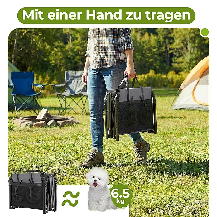 SONNENH Bollerwagen - L x B x H: 74 x 46 x 96,5 cm, Traglast: 100 kg, Stahl - Eine Person trägt einen faltbaren Bollerwagen in Grau-Schwarz mit einer Hand auf einem Campingplatz. Gewicht: 6,5 kg.