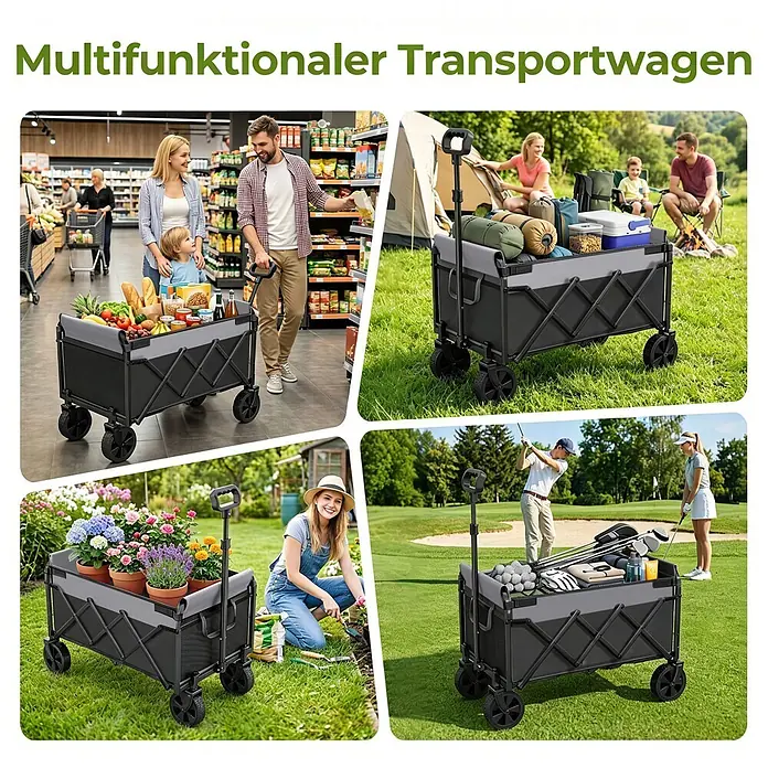 SONNENH Bollerwagen - L x B x H: 74 x 46 x 96,5 cm, Traglast: 100 kg, Stahl - Klappbarer, grau-schwarzer Transportwagen, vielseitig einsetzbar für Einkäufe, Camping, Gartenarbeit und Golf.