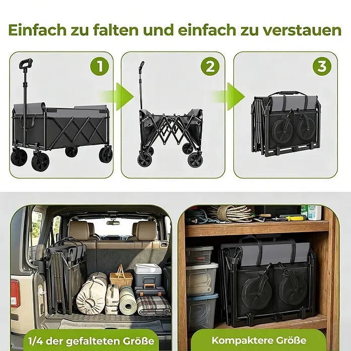 SONNENH Bollerwagen - L x B x H: 74 x 46 x 96,5 cm, Traglast: 100 kg, Stahl - Grauer und schwarzer faltbarer Bollerwagen, der kompakt zusammengeklappt und leicht im Auto und Regal verstaut wird.