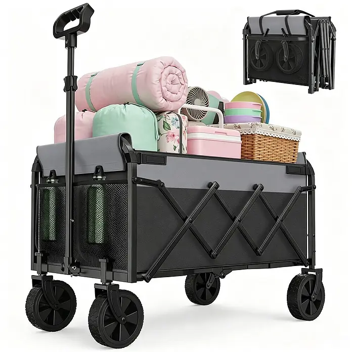 SONNENH Bollerwagen - L x B x H: 74 x 46 x 96,5 cm, Traglast: 100 kg, Stahl - Schwarz-grauer faltbarer Bollerwagen, beladen mit Gegenständen, mit Einblendung des zusammengeklappten Zustands.
