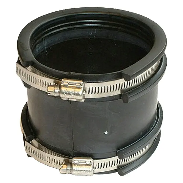 Rohrverbinder - Nennweite: 100-115 mm - Ein schwarzer flexibler Verbinder mit zwei Schlauchschellen zur Befestigung. Ideal für Sanitäranwendungen.