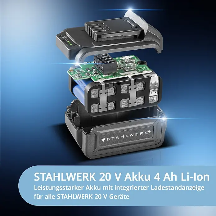 STAHLWERK Akku-Schlagbohrschrauber ASB-20 ST Brushless mit 1 x 4 Ah Akku -  - Explosionszeichnung eines dunkelgrauen STAHLWERK 20V 4Ah Li-Ion Akkus, der blaue Zellen und eine grüne Platine zeigt, mit integrierter Ladeanzeige.