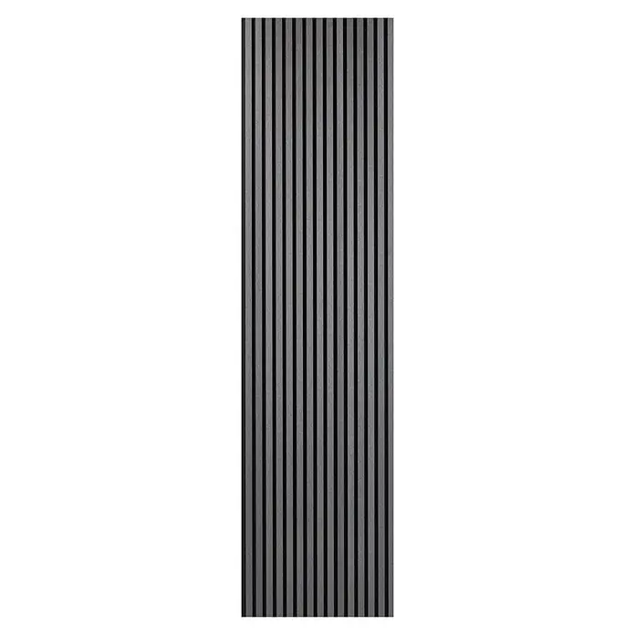 FibroTech Akustikpaneel Premium - Black Oak, 2.440 x 605 x 22 mm - Graue Lamellen-Akustikwandplatte mit Holzmaserung.
