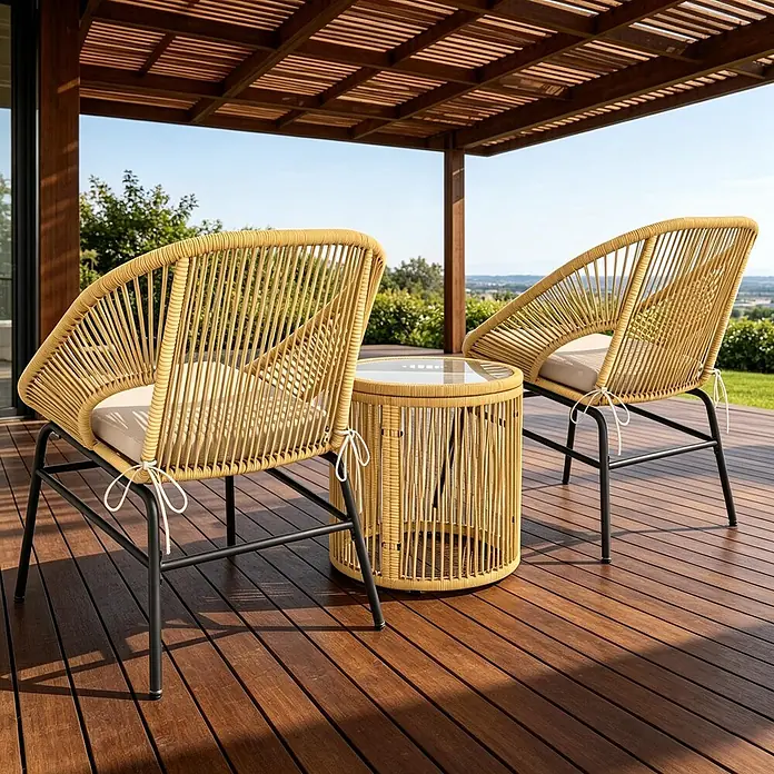 SONNENH Balkonmöbel-Set - 2 -tlg., Polyester, Stahl, Gehärtetes Glas, Beige - Zwei geflochtene Outdoor-Stühle mit hellen Kissen und passendem Beistelltisch auf einer Holzterrasse.