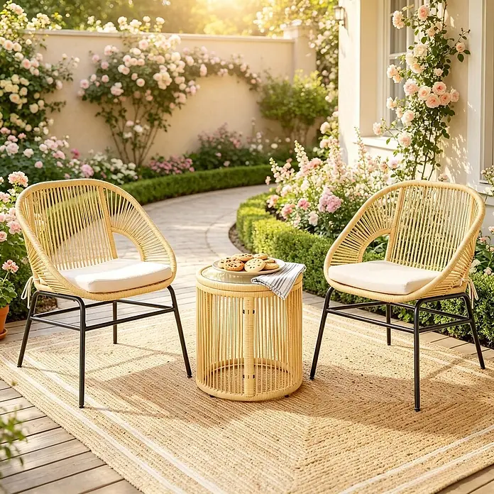 SONNENH Balkonmöbel-Set - 2 -tlg., Polyester, Stahl, Gehärtetes Glas, Beige - Ein Paar helle Outdoor-Stühle aus Korbgeflecht mit Kissen und passendem Rundtisch auf einem Teppich in einem sonnigen Garten.