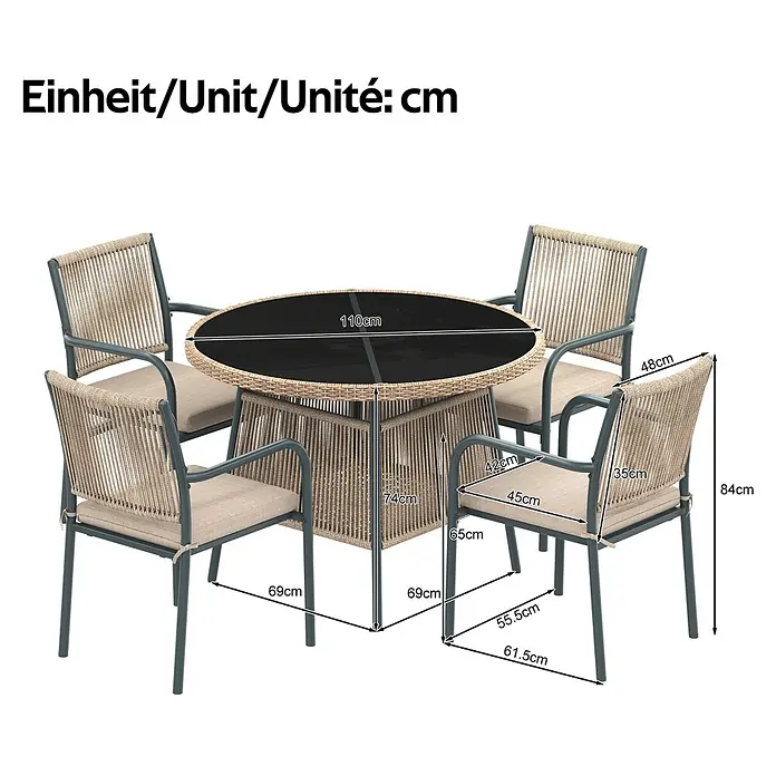 SONNENH Gartenmöbel-Set - 5 -tlg., Eisen, Polyester, Gehärtetes Glas, Grau - Runder Outdoor-Esstisch mit vier Stühlen, mit geflochtenen Seildetails und beigen Kissen auf dunkelgrauen Gestellen.