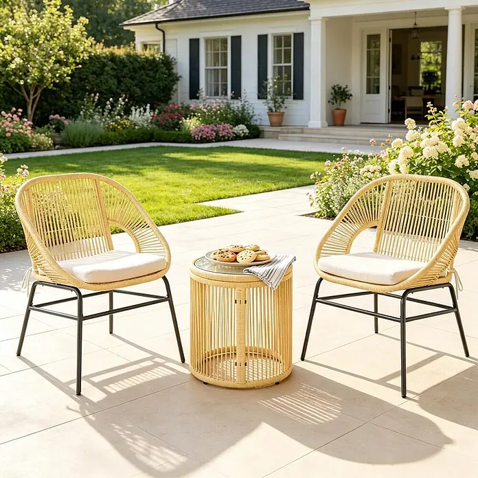 SONNENH Balkonmöbel-Set - 2 -tlg., Polyester, Stahl, Gehärtetes Glas, Beige - Zwei Sessel aus Geflecht mit Kissen und ein passender Beistelltisch mit Keksen auf einer Terrasse.