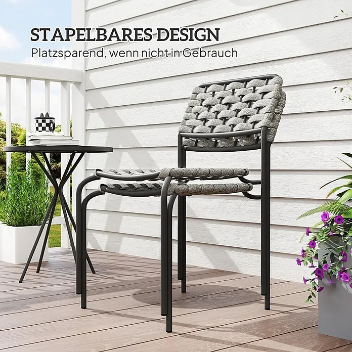 SONNENH Balkonmöbel-Set, 3-teilig, mit Stapelstühlen, Grau -  - Stapelbare, dunkelgraue Terrassenstühle mit geflochtenem Seil, platzsparendes Design auf einer Terrasse mit kleinem Tisch.