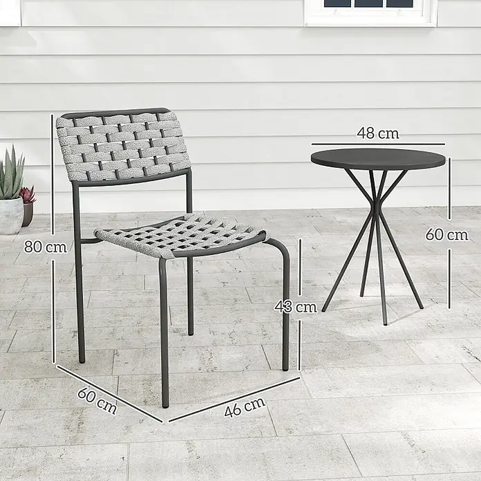SONNENH Balkonmöbel-Set, 3-teilig, mit Stapelstühlen, Grau -  - Dunkelgrauer Metallstuhl mit geflochtener Sitzfläche/Rückenlehne und passendem Rundtisch, Maße: Stuhl 80x60x46 cm, Tisch 60x48 cm.