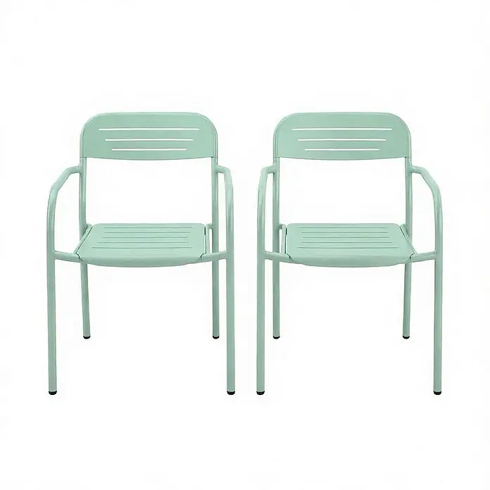 SONNENH Garten-Stapelstühle aus Metall, 2er-Set, Salbeigrün -  - Zwei mintgrüne Metall-Terrassenstühle mit Lattenrostsitz und -rückenlehne.