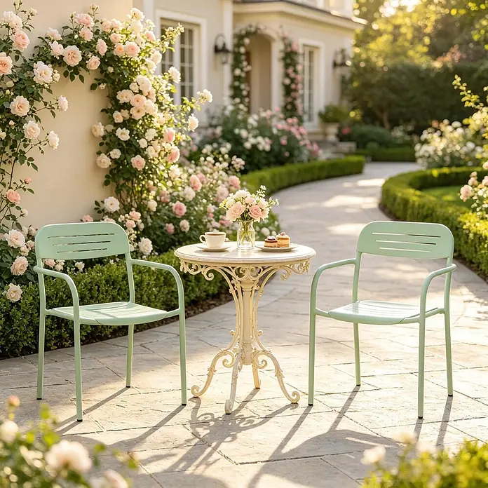 SONNENH Balkonmöbel-Set - 4 -tlg., Metall, Stapelbar, Grün - Zwei mintgrüne Outdoor-Stühle und ein cremefarbener Bistrotisch auf einer Terrasse, umgeben von Kletterrosen.