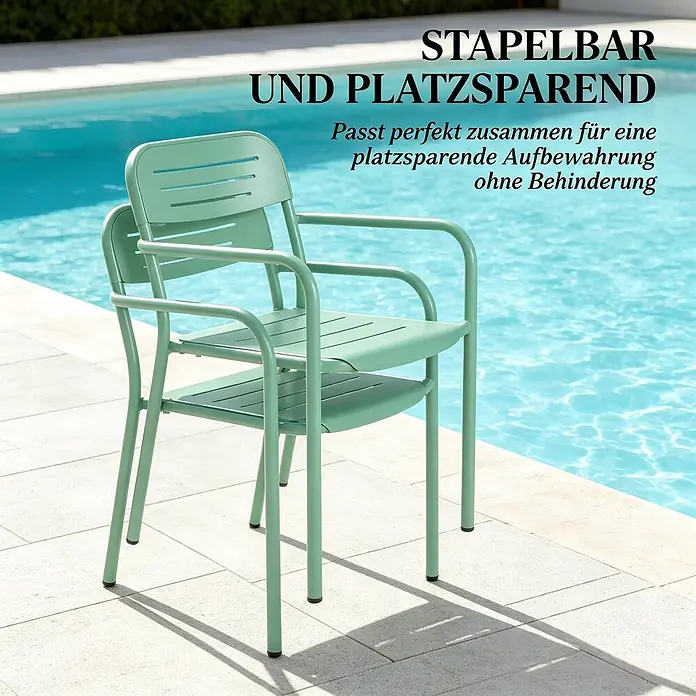 SONNENH Balkonmöbel-Set - 4 -tlg., Metall, Stapelbar, Grün - Zwei grüne Metallstühle gestapelt, demonstrieren platzsparendes Design.