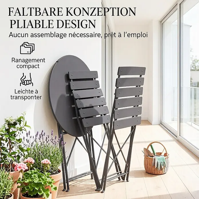 SONNENH Balkonmöbel-Set - 3 -tlg., Metall, Klappbar, Schwarz - Dunkelgraues klappbares Bistrotisch-Set mit zwei Stühlen, platzsparend zusammengefaltet.