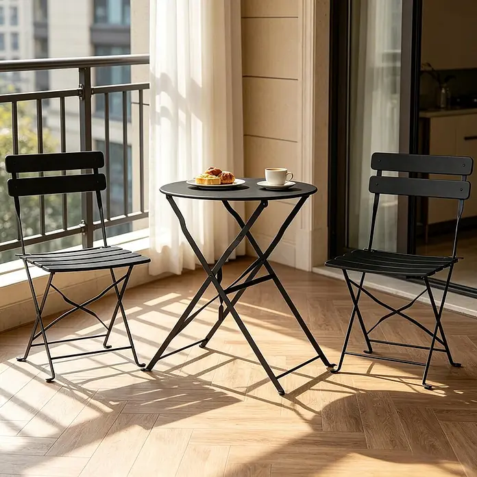 SONNENH Balkonmöbel-Set - 3 -tlg., Metall, Klappbar, Schwarz - Schwarzes Bistro-Set aus Metall mit Klapptisch und zwei Klappstühlen auf einem Balkon, bereit für Kaffee und Gebäck.