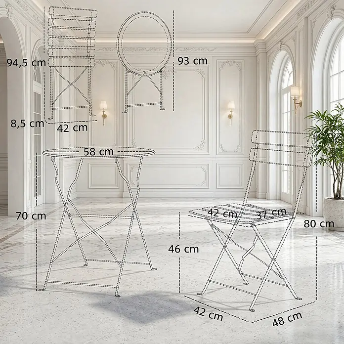 SONNENH Balkonmöbel-Set - 3 -tlg., Metall, Klappbar, Schwarz - Schwarzes Metall-Bistro-Set (Tisch und Stuhl) mit Maßen in einem eleganten Raum.