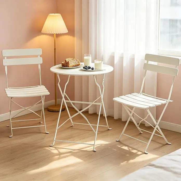 SONNENH Balkon-Bistroset aus Metall, 3-teilig, klappbar, Creme -  - Weißes klappbares Bistrotisch-Set mit zwei Stühlen in einem Raum.