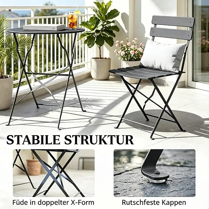 SONNENH Balkonmöbel-Set - 3 -tlg., Metall, Klappbar, Schwarz - Dunkelgraues klappbares Metall-Bistroset auf einem Balkon, mit doppelter X-Form der Beine für Stabilität und rutschfesten Kappen.