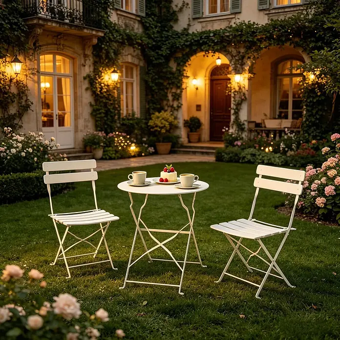 SONNENH Balkon-Bistroset aus Metall, 3-teilig, klappbar, Creme -  - Weißes Metall-Bistro-Set mit Tisch und zwei Stühlen, ideal für den Garten.