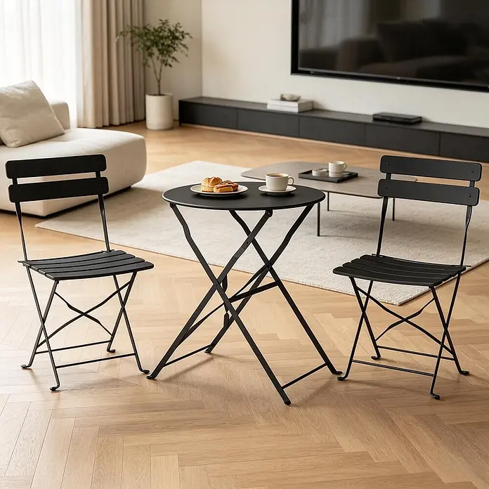 SONNENH Balkonmöbel-Set - 3 -tlg., Metall, Klappbar, Schwarz - Schwarzer klappbarer Bistrotisch aus Metall mit zwei passenden Stühlen in einem modernen Wohnzimmer.