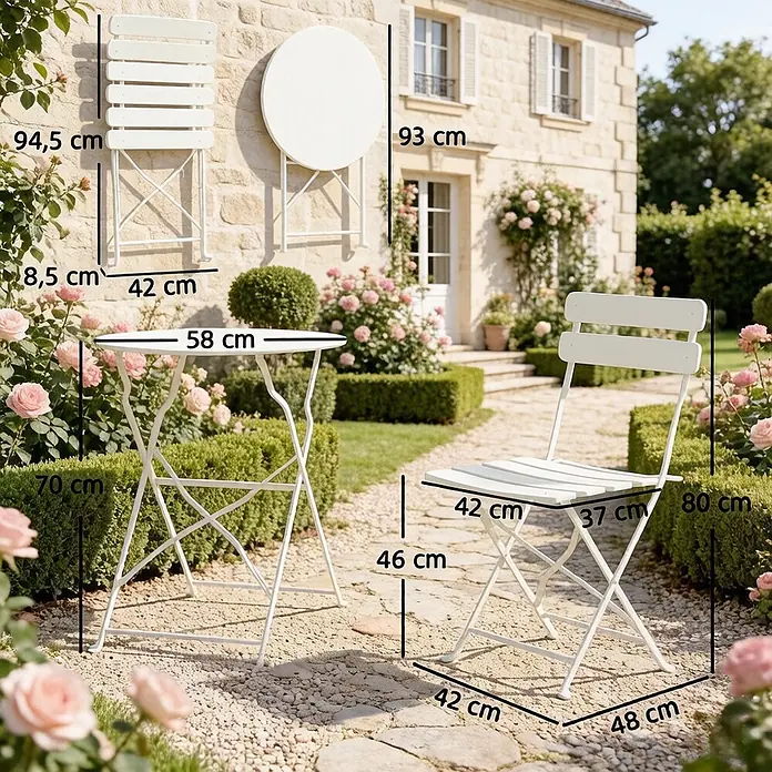 SONNENH Balkon-Bistroset aus Metall, 3-teilig, klappbar, Creme -  - Weißes faltbares Metall-Bistro-Set mit Tisch und zwei Stühlen, mit Maßen in einem Garten gezeigt.