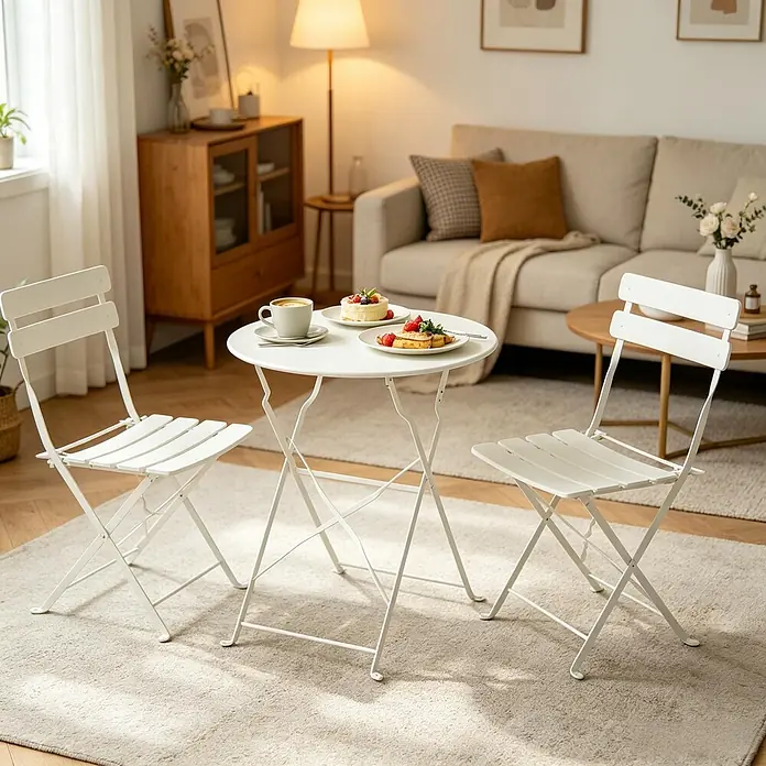 SONNENH Balkon-Bistroset aus Metall, 3-teilig, klappbar, Creme -  - Weißer faltbarer Bistrotisch aus Metall mit zwei passenden Stühlen, in einem gemütlichen Wohnzimmer mit Speisen und Getränken.