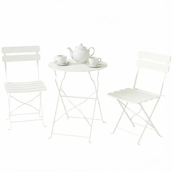 SONNENH Balkon-Bistroset aus Metall, 3-teilig, klappbar, Creme -  - Ein weißes Metall-Bistro-Set mit einem runden Klapptisch und zwei Stühlen, darauf eine Teekanne und zwei Tassen.