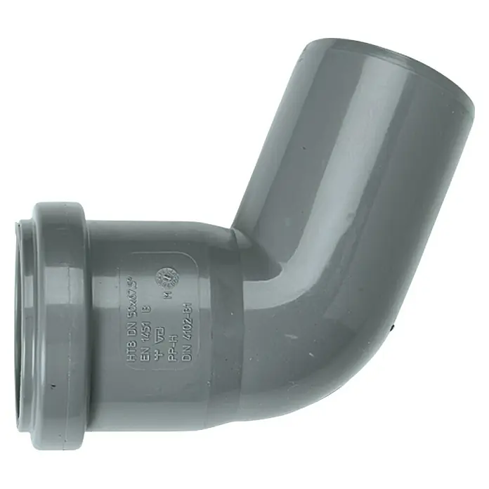 HT-BogenDN 50, 67 ° - Graues HTB DN 50x67,5° Abflussrohrbogen aus PP-H Kunststoff, ideal für Sanitärinstallationen und Abwasserleitungen im Innenbereich.
