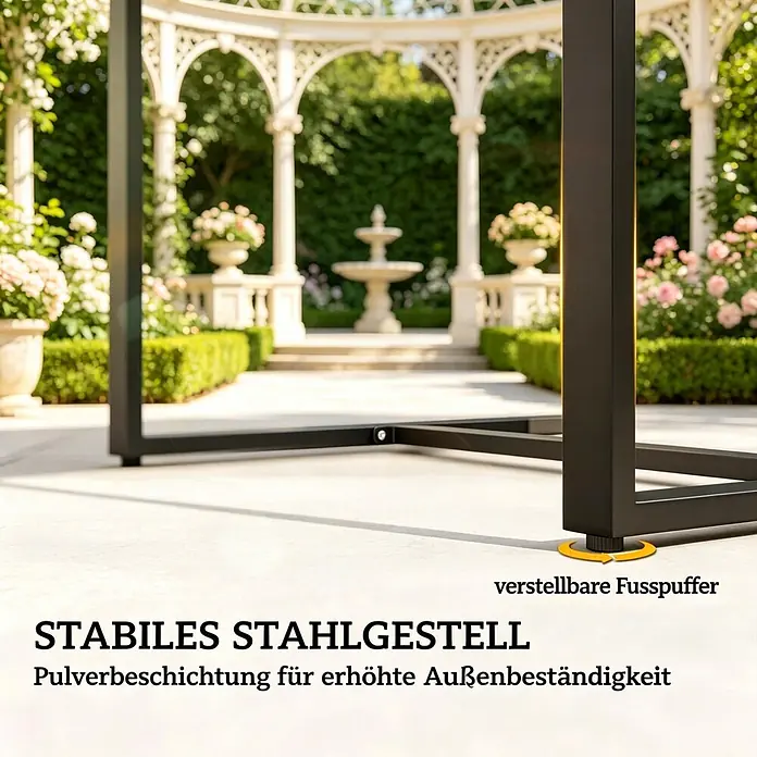 SONNENH Balkonmöbel-Set - 3 -tlg., Schaumstoff, Glas, Polyester, Rattan, Stahl, Schwarz/Braun/Khaki - Schwarzes, pulverbeschichtetes Stahlgestell mit verstellbaren Füßen für erhöhte Outdoor-Beständigkeit in einem Gartenambiente.