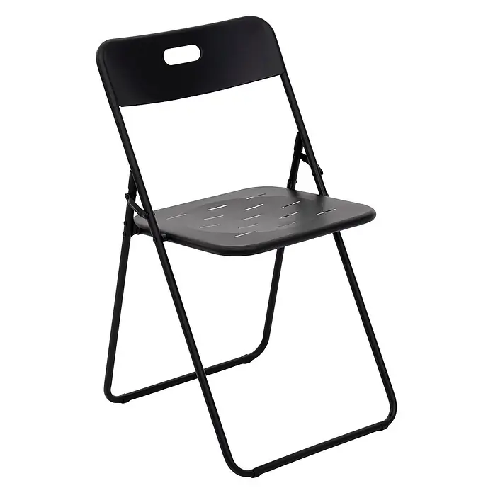 SONNENH Balkonmöbel-Set - 3 -tlg., Stahl, Klappbar, Schwarz - Schwarzer Klappstuhl mit perforierter Sitzfläche und Rückenlehne sowie Metallgestell.