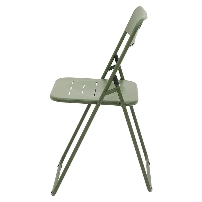SONNENH Balkonmöbel-Set - 3 -tlg., Stahl, Klappbar, Grün - Seitenansicht eines olivgrünen Klappstuhls aus Kunststoff und Metall mit perforierter Sitzfläche, einsatzbereit.