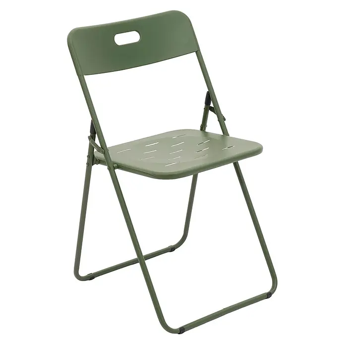 SONNENH Balkonmöbel-Set - 3 -tlg., Stahl, Klappbar, Grün - Olivgrüner Metall-Klappstuhl mit geschlitzter Sitzfläche und Rückenlehne mit Griff.
