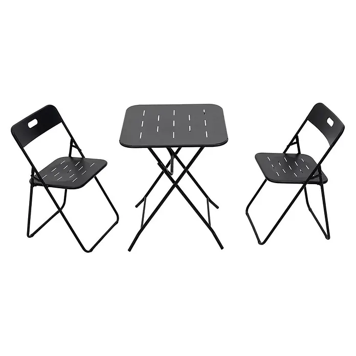 SONNENH Balkonmöbel-Set - 3 -tlg., Stahl, Klappbar, Schwarz - Schwarzes Metall-Klapptisch und zwei Stühle mit perforiertem Design.
